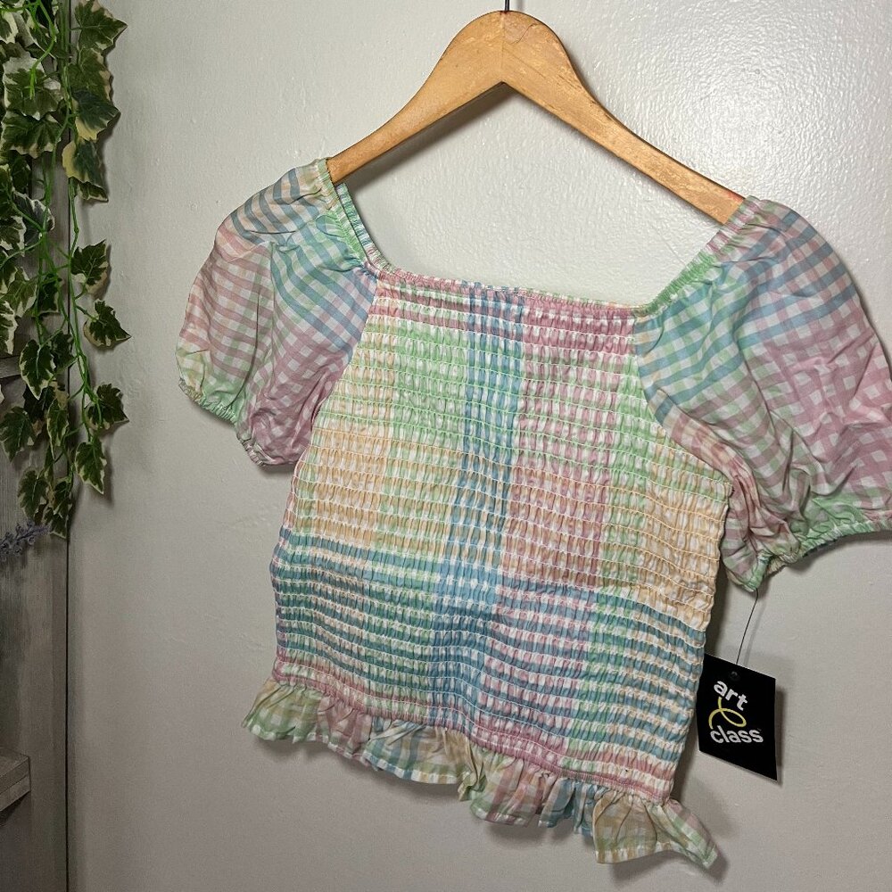 Art Class Pastel Gingham Smocked Puff Sleeve Crop Top, NWT